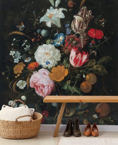 florales Kunst-Wandbild mit dem Titel Blumen in einer Glasvase mit Obst von Jan Davidsz. de Heem für Schlafzimmer und Wohnzimmer