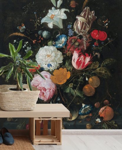 fresque murale florale intitulée Fleurs dans un vase en verre avec fruits de Jan Davidsz. de Heem pour les chambres et les salons fresque murale florale intitulée Fleurs dans un vase en verre avec fruits de Jan Davidsz. de Heem pour les chambres et les salons