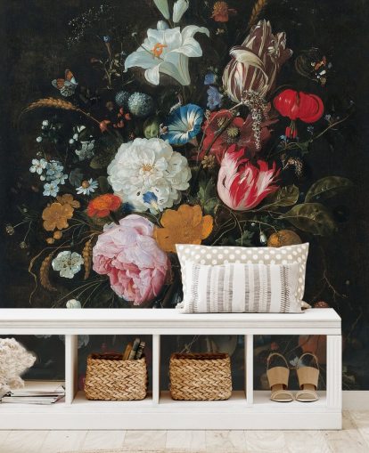 kunstzinnige bloemenmuurschildering genaamd Flowers in a Glass Vase with Fruit van Jan Davidsz. de Heem voor slaapkamers en woonkamers