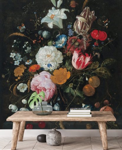 floral fine art wall mural called Flowers in a Glass Vase with Fruit by Jan Davidsz. de Heem for bedrooms and living rooms floral fine art wall mural called Flowers in a Glass Vase with Fruit by Jan Davidsz. de Heem for bedrooms and living rooms