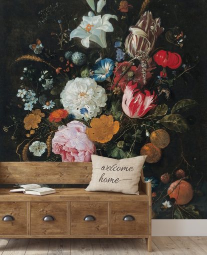 Jan Davidszin kukka-taide-seinämaalaus nimeltä Kukat lasimaljakossa hedelmillä, kirjoittanut Jan Davidsz. de Heem makuuhuoneisiin ja olohuoneisiin