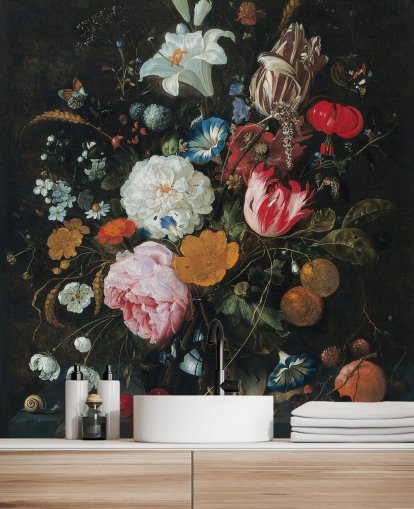 mural de pared de bellas artes florales llamado Flores en un jarrón de vidrio con fruta de Jan Davidsz. de Heem para dormitorios y salas de estar mural de pared de bellas artes florales llamado Flores en un jarrón de vidrio con fruta de Jan Davidsz. de Heem para dormitorios y salas de estar