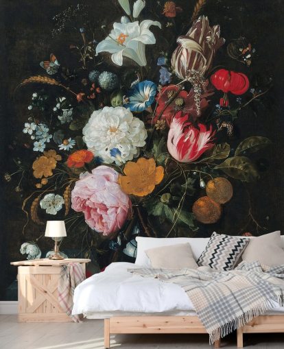 blomsterkunstmaleri kaldet Blomster i en glasvase med frugt af Jan Davidsz. de Heem til soveværelser og stuer