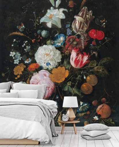 blommig konst väggmålning som heter Blommor i en glasvas med frukt av Jan Davidsz. de Heem för sovrum och vardagsrum