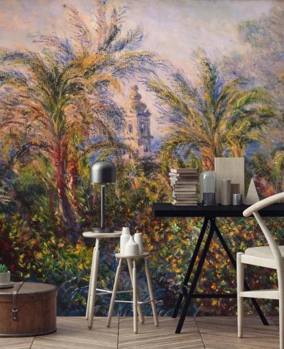 mural de papel de parede de belas artes chamado Garden in Bordighera de Claude Monet para quartos e salões