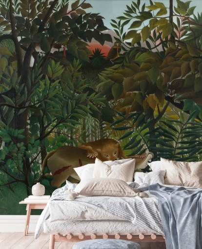 Kunsttapete mit dem Titel Der hungrige Löwe wirft sich auf die Antilope von Henri Rousseau Kunsttapete mit dem Titel Der hungrige Löwe wirft sich auf die Antilope von Henri Rousseau