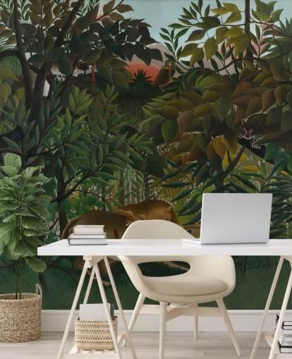 Kunsttapete mit dem Titel Der hungrige Löwe wirft sich auf die Antilope von Henri Rousseau