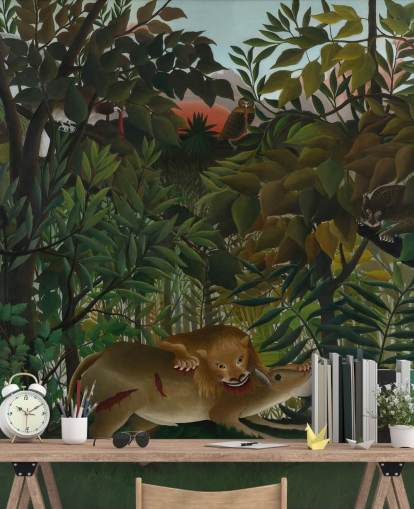 konst tapetväggmålning som heter The Hungry Lion Throw Itself on the Antilope av Henri Rousseau