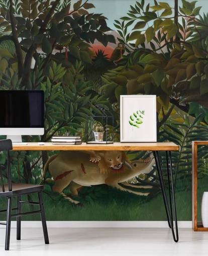 fine art wallpaper mural called The Hungry Lion Throws Itself on the Antelope by Henri Rousseau
