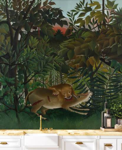 mural de papel de parede de belas artes chamado The Hungry Lion Throws Itself on the Antelope, de Henri Rousseau