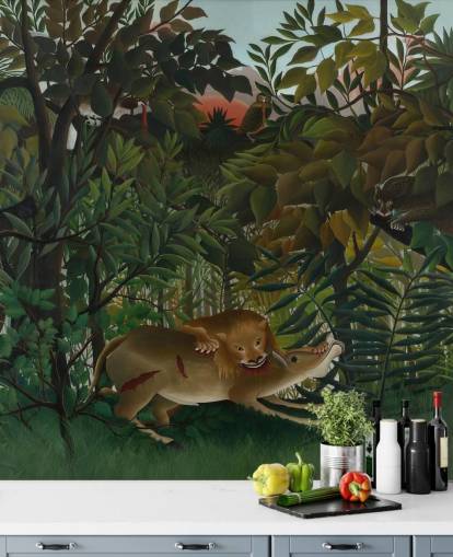 mural de papel de parede de belas artes chamado The Hungry Lion Throws Itself on the Antelope, de Henri Rousseau mural de papel de parede de belas artes chamado The Hungry Lion Throws Itself on the Antelope, de Henri Rousseau