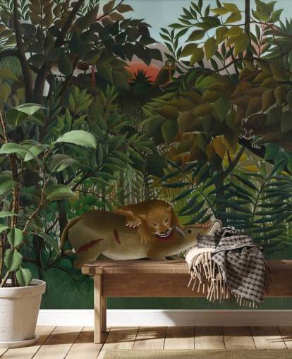 carta da parati fine art chiamata The Hungry Lion si getta sull'antilope di Henri Rousseau carta da parati fine art chiamata The Hungry Lion si getta sull'antilope di Henri Rousseau
