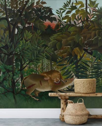 papier peint mural d'art intitulé Le lion affamé se jette sur l'antilope par Henri Rousseau