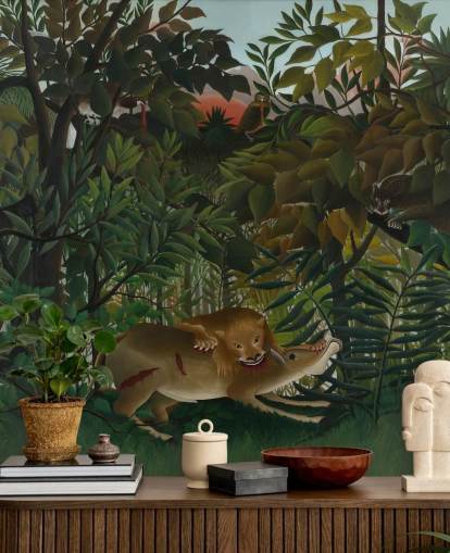 kunstbehangmuurschildering genaamd The Hungry Lion Throws Itself on the Antelope van Henri Rousseau kunstbehangmuurschildering genaamd The Hungry Lion Throws Itself on the Antelope van Henri Rousseau