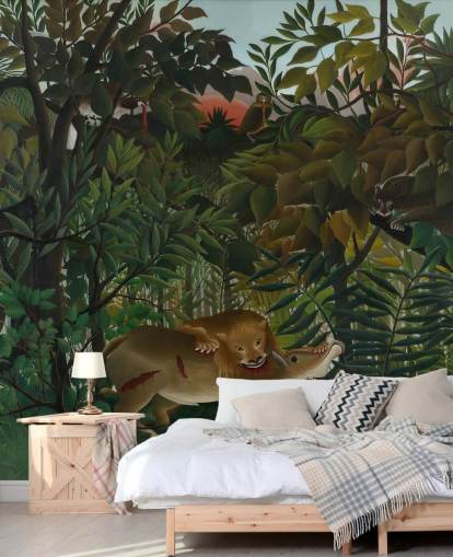 mural de papel de parede de belas artes chamado The Hungry Lion Throws Itself on the Antelope, de Henri Rousseau mural de papel de parede de belas artes chamado The Hungry Lion Throws Itself on the Antelope, de Henri Rousseau