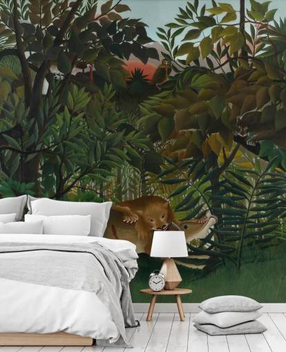 konst tapetväggmålning som heter The Hungry Lion Throw Itself on the Antilope av Henri Rousseau konst tapetväggmålning som heter The Hungry Lion Throw Itself on the Antilope av Henri Rousseau