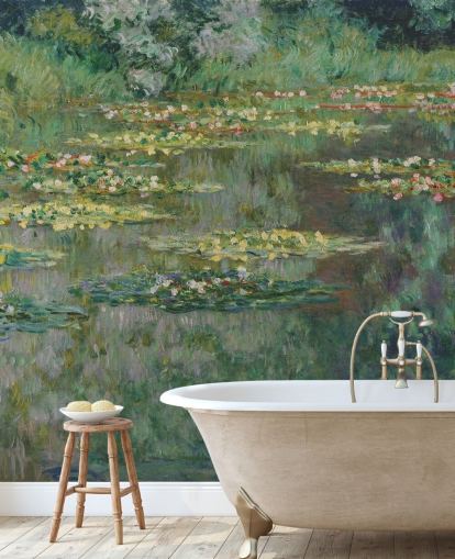 fine art wallpaper mural called Le Bassin des Nympheas by Monet for bedrooms, bathrooms and lounges