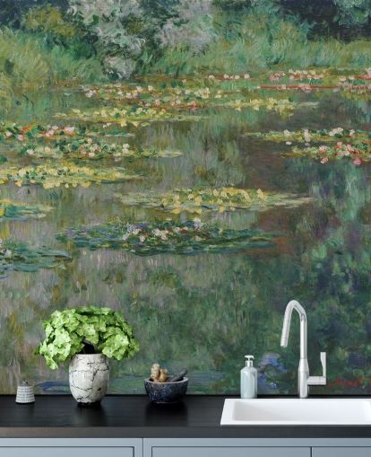 fine art wallpaper mural called Le Bassin des Nympheas by Monet for bedrooms, bathrooms and lounges