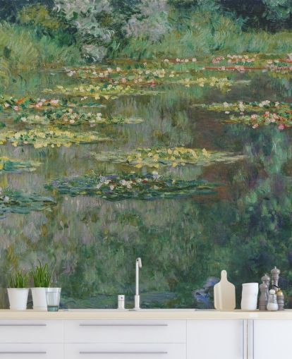 kunstbehangmuurschildering genaamd Le Bassin des Nympheas van Monet voor slaapkamers, badkamers en lounges