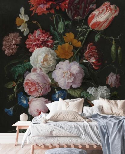 mural floral de bellas artes llamado Naturaleza muerta con flores en un jarrón de vidrio de Jan Davidsz. de Heem para dormitorios y salones