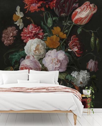mural floral de bellas artes llamado Naturaleza muerta con flores en un jarrón de vidrio de Jan Davidsz. de Heem para dormitorios y salones