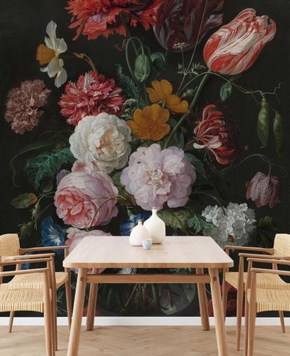 kunstbehang met bloemen genaamd Still Life with Flowers in a Glass Vase van Jan Davidsz. de Heem voor slaapkamers en lounges