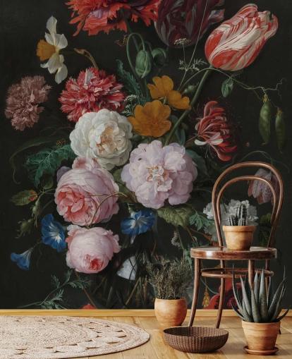 mural de papel de parede floral de belas artes chamado Still Life with Flowers in a Glass Vase de Jan Davidsz. de Heem para quartos e salões