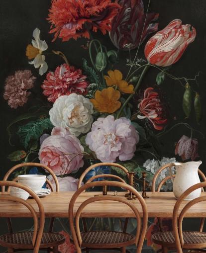 mural floral de bellas artes llamado Naturaleza muerta con flores en un jarrón de vidrio de Jan Davidsz. de Heem para dormitorios y salones