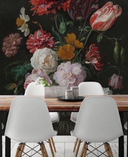 floral fine art wallpaper mural called Still Life with Flowers in a Glass Vase by Jan Davidsz. de Heem for bedrooms and lounges