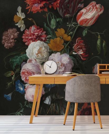 mural floral de bellas artes llamado Naturaleza muerta con flores en un jarrón de vidrio de Jan Davidsz. de Heem para dormitorios y salones
