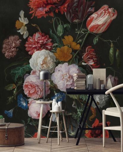 floral fine art wallpaper mural called Still Life with Flowers in a Glass Vase by Jan Davidsz. de Heem for bedrooms and lounges