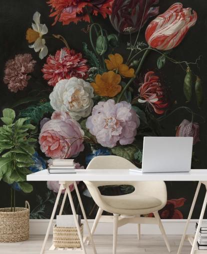 floral fine art wallpaper mural called Still Life with Flowers in a Glass Vase by Jan Davidsz. de Heem for bedrooms and lounges