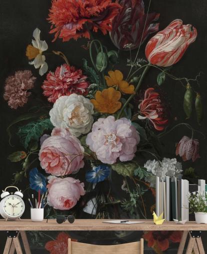 carta da parati murale floreale d'arte chiamata Still Life with Flowers in a Glass Vase di Jan Davidsz. de Heem per camere da letto e salotti