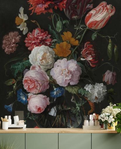 floral fine art wallpaper mural called Still Life with Flowers in a Glass Vase by Jan Davidsz. de Heem for bedrooms and lounges floral fine art wallpaper mural called Still Life with Flowers in a Glass Vase by Jan Davidsz. de Heem for bedrooms and lounges