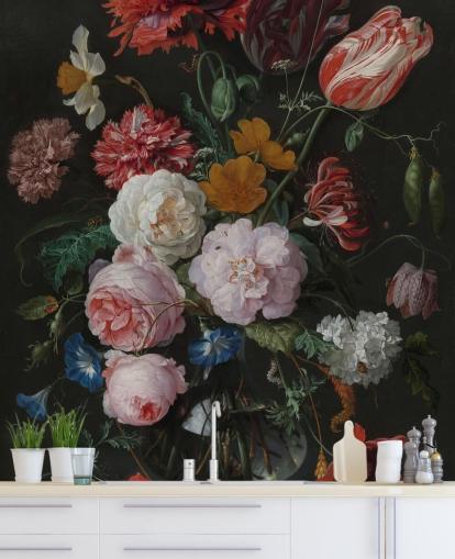 carta da parati murale floreale d'arte chiamata Still Life with Flowers in a Glass Vase di Jan Davidsz. de Heem per camere da letto e salotti