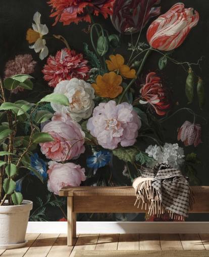 carta da parati murale floreale d'arte chiamata Still Life with Flowers in a Glass Vase di Jan Davidsz. de Heem per camere da letto e salotti
