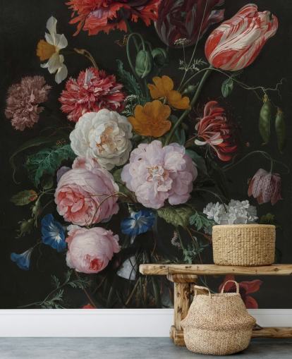 kunstbehang met bloemen genaamd Still Life with Flowers in a Glass Vase van Jan Davidsz. de Heem voor slaapkamers en lounges