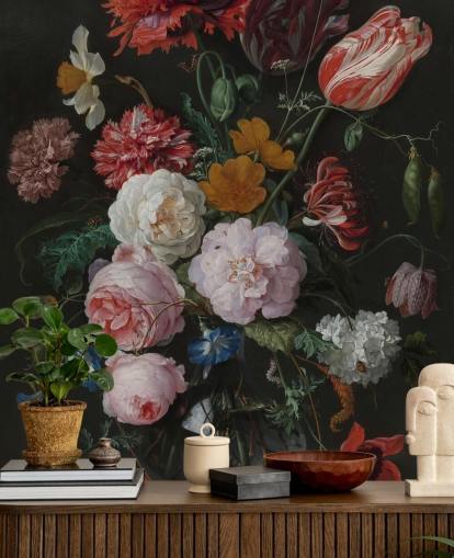 mural de papel de parede floral de belas artes chamado Still Life with Flowers in a Glass Vase de Jan Davidsz. de Heem para quartos e salões mural de papel de parede floral de belas artes chamado Still Life with Flowers in a Glass Vase de Jan Davidsz. de Heem para quartos e salões
