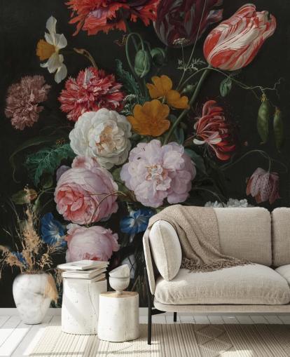 floral fine art wallpaper mural called Still Life with Flowers in a Glass Vase by Jan Davidsz. de Heem for bedrooms and lounges floral fine art wallpaper mural called Still Life with Flowers in a Glass Vase by Jan Davidsz. de Heem for bedrooms and lounges