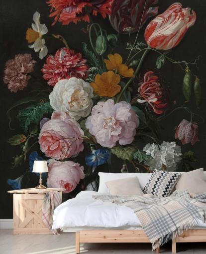 floral fine art wallpaper mural called Still Life with Flowers in a Glass Vase by Jan Davidsz. de Heem for bedrooms and lounges floral fine art wallpaper mural called Still Life with Flowers in a Glass Vase by Jan Davidsz. de Heem for bedrooms and lounges