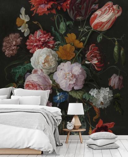 floral fine art wallpaper mural called Still Life with Flowers in a Glass Vase by Jan Davidsz. de Heem for bedrooms and lounges