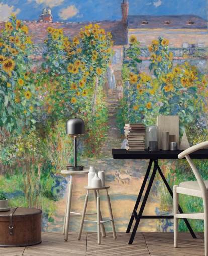 papel pintado de bellas artes llamado El jardín del artista en Vetheuil de Claude Monet para dormitorios y salas de estar