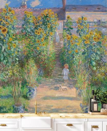 fine art wallpaper called The Artist's Garden at Vetheuil by Claude Monet for bedrooms and living rooms