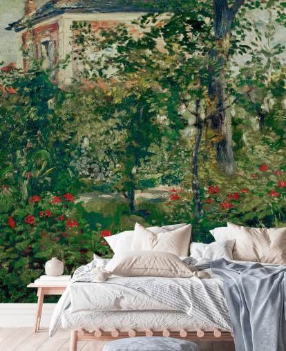 fine art wallpaper mural called The Garden at Bellevue by Edouard Manet for bedrooms and living rooms