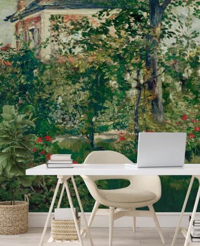 fine art wallpaper mural called The Garden at Bellevue by Edouard Manet for bedrooms and living rooms