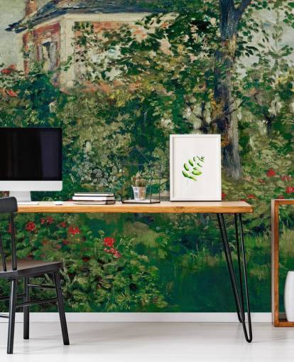 fine art wallpaper mural called The Garden at Bellevue by Edouard Manet for bedrooms and living rooms