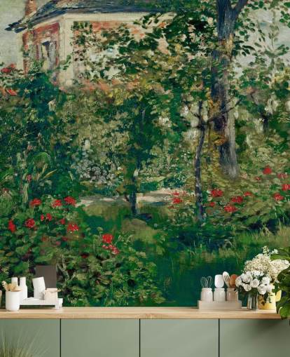 fine art wallpaper mural called The Garden at Bellevue by Edouard Manet for bedrooms and living rooms