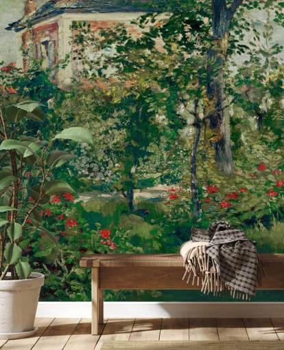 fine art wallpaper mural called The Garden at Bellevue by Edouard Manet for bedrooms and living rooms