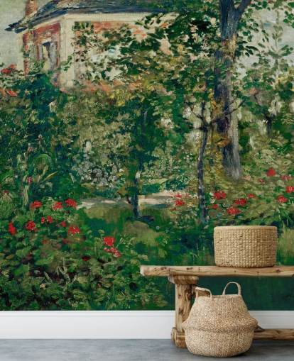 fine art wallpaper mural called The Garden at Bellevue by Edouard Manet for bedrooms and living rooms