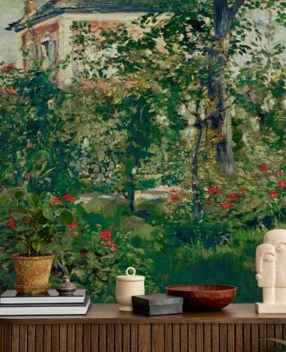 fine art behangmuurschildering genaamd The Garden at Bellevue van Edouard Manet voor slaapkamers en woonkamers fine art behangmuurschildering genaamd The Garden at Bellevue van Edouard Manet voor slaapkamers en woonkamers